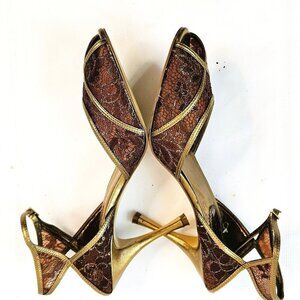 Valerie Stevens Stiletto Brown Gold Lace and Leather Ankle Strap Shoes Size 8.5